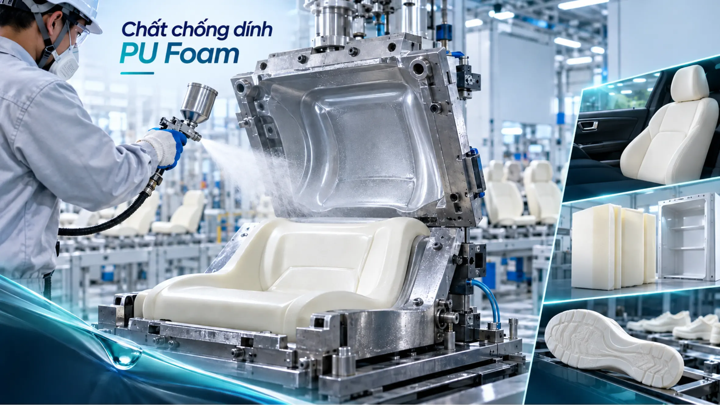 Chất chống dính PU Foam không silicone, tạo màng siêu trơn, hỗ trợ tách khuôn hiệu quả cho nệm ghế, linh kiện ô tô, panel cách nhiệt và giày dép.
