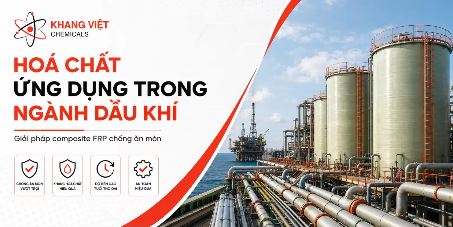 Hoá chất ứng dụng trong ngành dầu khí tại Khang Việt với giải pháp nhựa Vinyl Ester, Composite FRP chống ăn mòn cho bồn chứa, đường ống và xử lý hóa chất.
