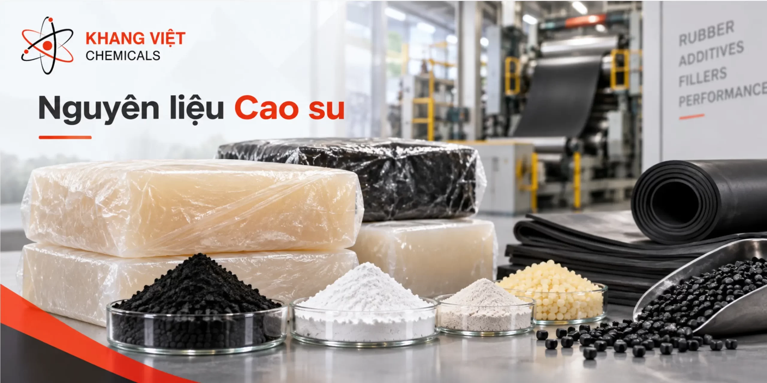 Nguyên liệu Cao su tại Khang Việt gồm phụ gia cao su, Carbon Black, Silica, Talc, cao lanh và cao su tổng hợp SBR. Liên hệ tư vấn 091 400 8888