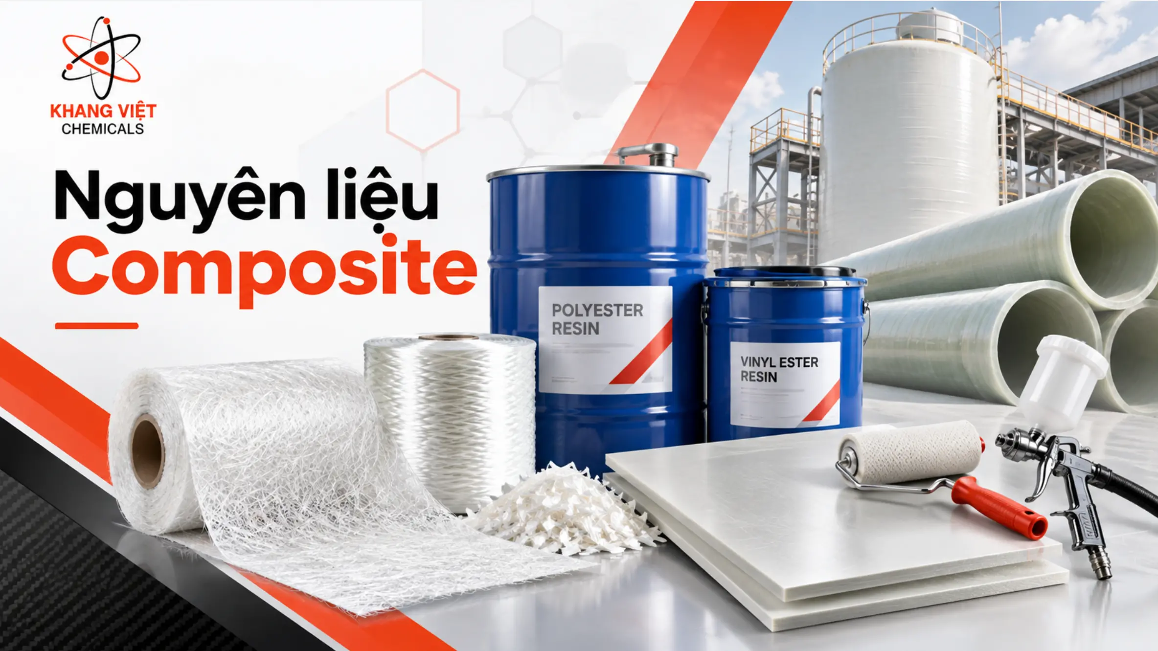 Nguyên liệu composite tại Khang Việt gồm nhựa Polyester, Vinyl Ester, Epoxy, SMC, phụ gia, công cụ và thiết bị sản xuất Composite FRP.