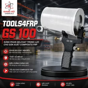 TOOLS4FRP GS 100 là súng phun gelcoat trọng lực cho sản xuất Composite FRP, tạo tia phun dạng quạt, áp suất khí 60–100 psi, vận hành đơn giản.