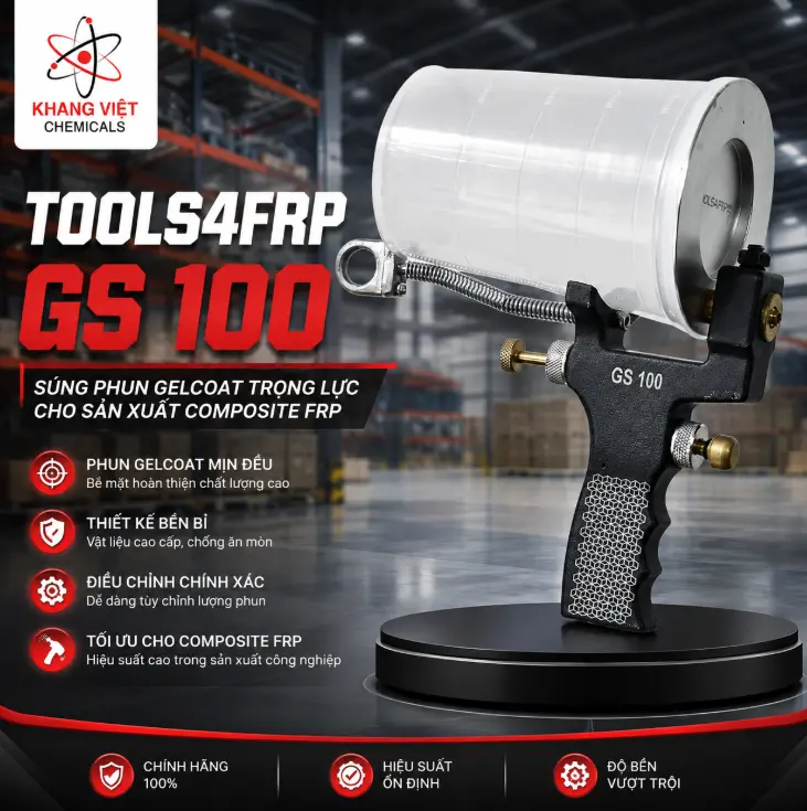TOOLS4FRP GS 100 là súng phun gelcoat trọng lực cho sản xuất Composite FRP, tạo tia phun dạng quạt, áp suất khí 60–100 psi, vận hành đơn giản.