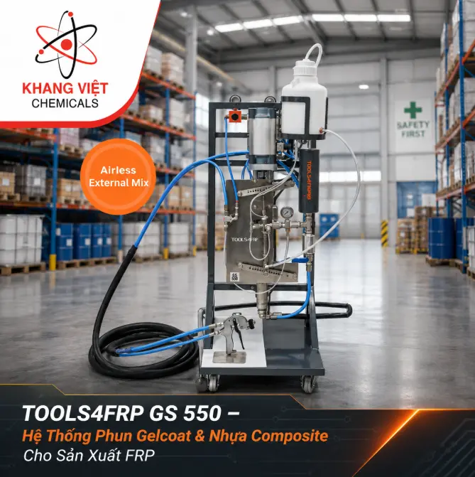 TOOLS4FRP GS 550 là hệ thống phun gelcoat và nhựa composite UP, VE với lưu lượng đến 3 kg/phút, súng External Mix, phù hợp sản xuất FRP.