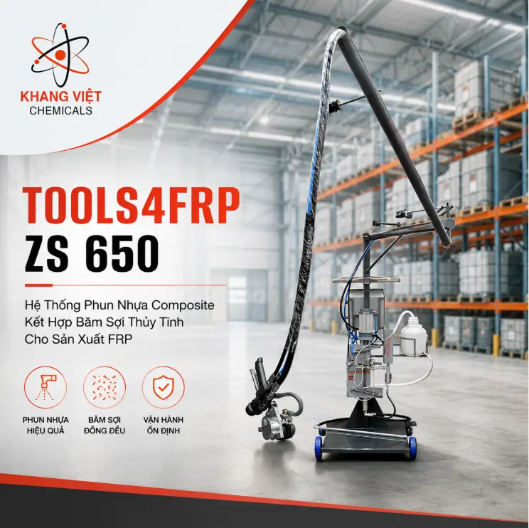 TOOLS4FRP ZS 650 là hệ thống phun nhựa composite kết hợp băm sợi thủy tinh, cơ chế Airless, trộn ngoài, lưu lượng đến 9 kg/phút, dùng cho sản xuất FRP.