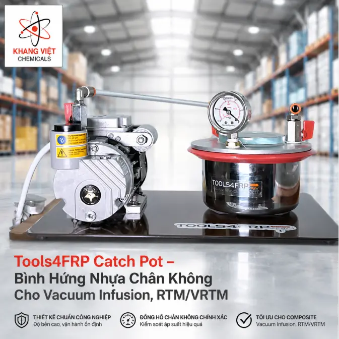 Tools4FRP Catch Pot là bình hứng nhựa chân không dùng cho Vacuum Infusion, RTM/VRTM và Vacuum Bagging, giúp bảo vệ bơm chân không trong sản xuất composite.