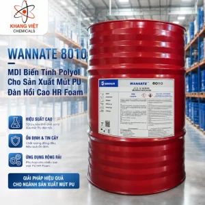WANNATE® 8010 là MDI biến tính polyol của Wanhua Chemical, chuyên dùng sản xuất mút polyurethane đàn hồi cao HR Foam. Hàm lượng NCO 26,6%, đóng phuy 240 kg.
