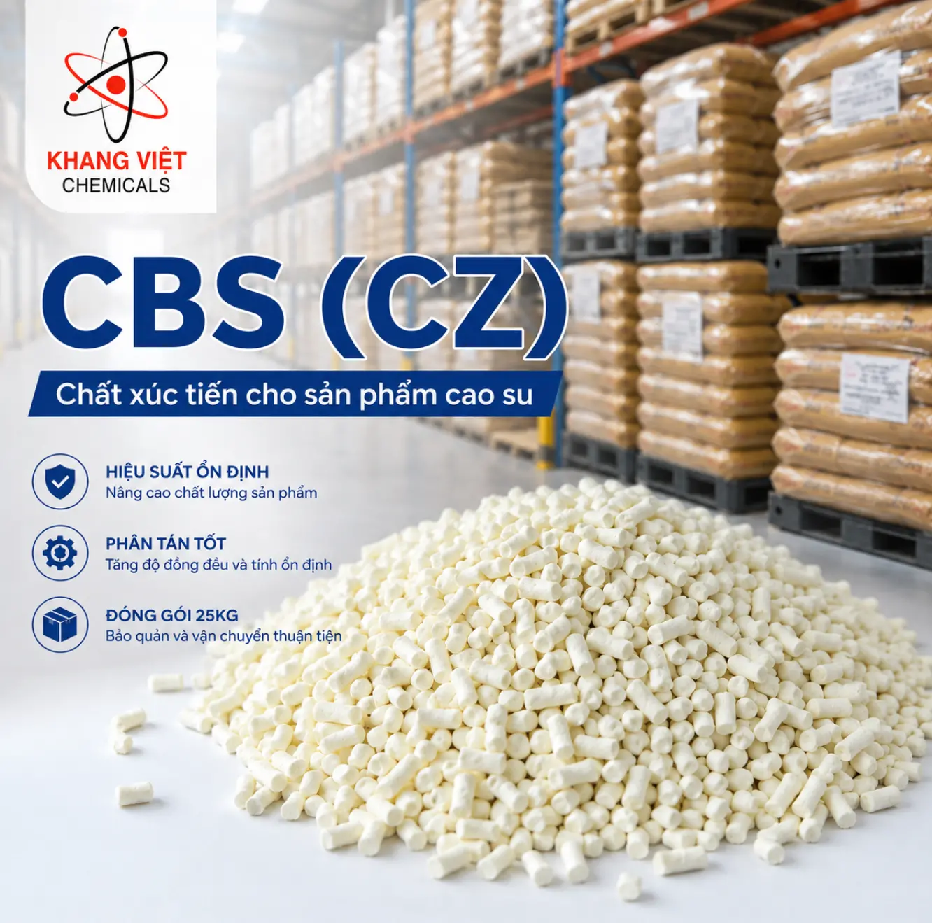 CBS (CZ) là chất xúc tiến lưu hóa tác dụng chậm được sử dụng phổ biến trong ngành cao su. Sản phẩm có khả năng chống cháy sớm tốt