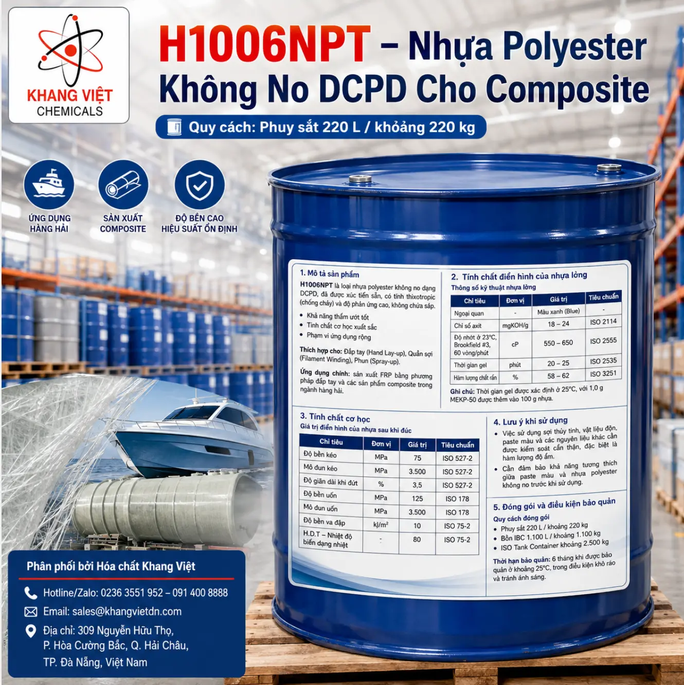 H1006NPT là nhựa polyester không no DCPD, xúc tiến sẵn, thấm ướt sợi tốt, dùng cho đắp tay, phun, quấn sợi, sản xuất FRP và composite hàng hải.