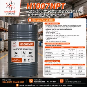 H1007NPT là nhựa polyester không no Orthophthalic, thixotropic, thấm ướt sợi tốt, dùng cho đắp tay, phun, quấn sợi và sản xuất composite FRP.