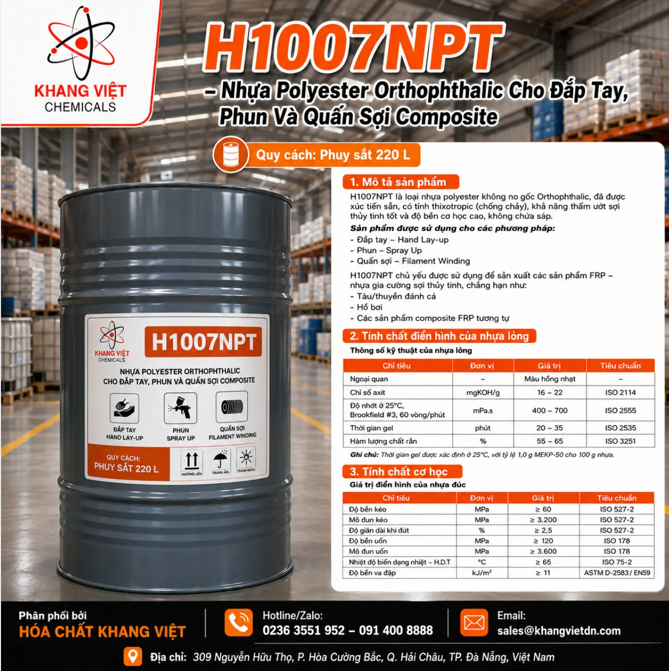 H1007NPT là nhựa polyester không no Orthophthalic, thixotropic, thấm ướt sợi tốt, dùng cho đắp tay, phun, quấn sợi và sản xuất composite FRP.