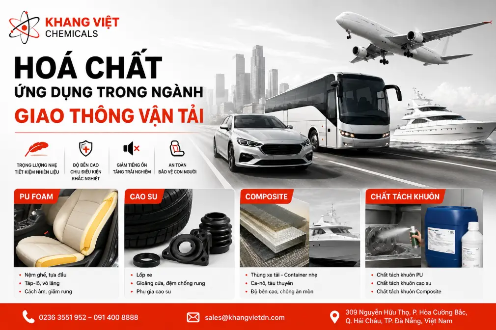 Hoá chất ứng dụng trong ngành giao thông vận tải tại Khang Việt gồm nguyên liệu PU Foam, phụ gia cao su, Composite và chất tách khuôn cho ô tô, tàu thuyền.