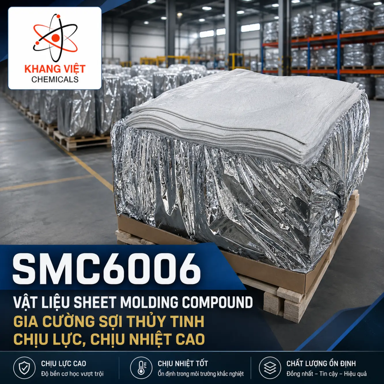 SMC6006 là vật liệu Sheet Molding Compound gia cường sợi thủy tinh, độ bền cơ học cao, chống cháy V0, co ngót thấp và HDT trên 240°C, dùng ép nóng composite.