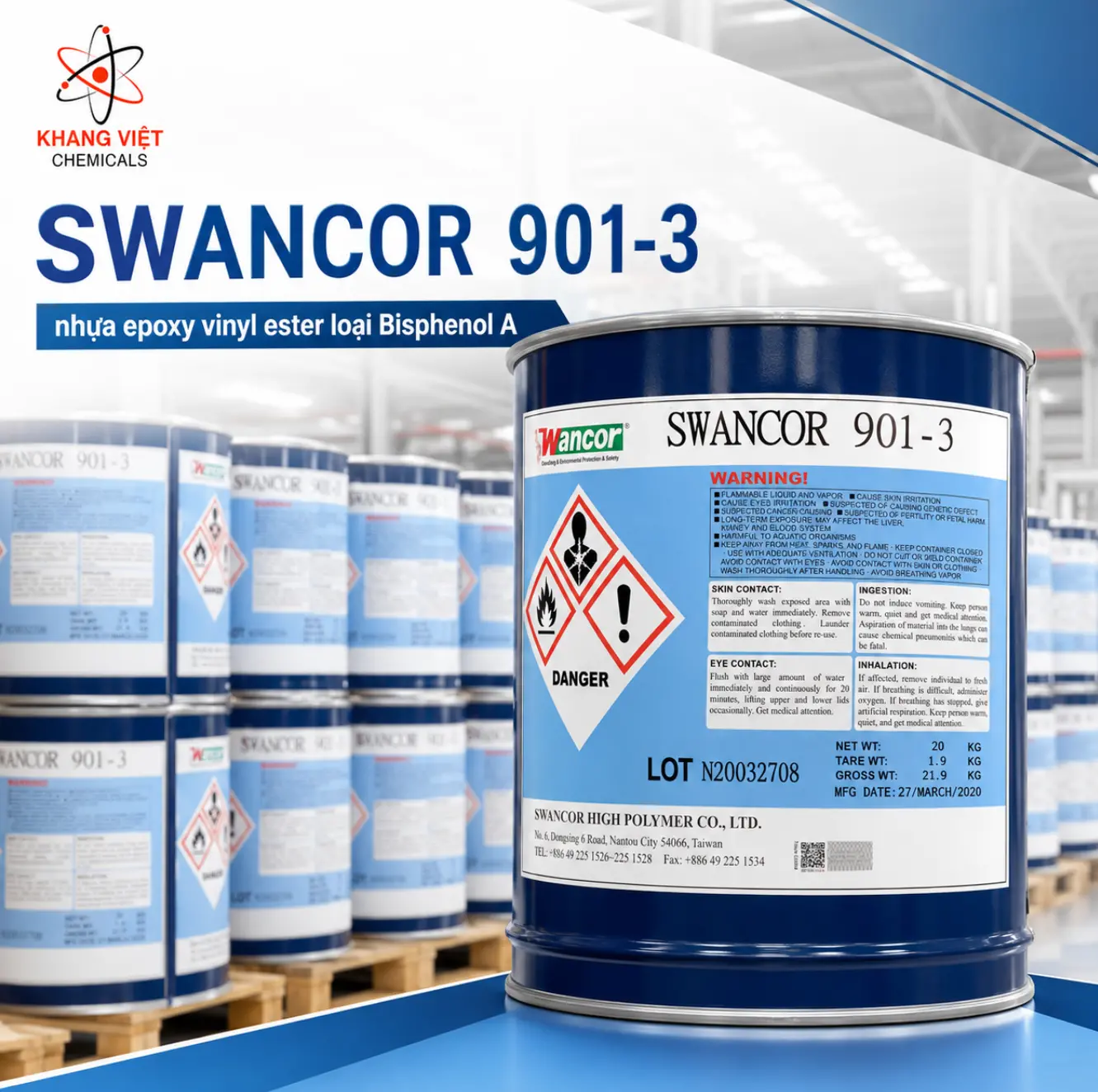 SWANCOR 901-3 là nhựa epoxy vinyl ester Bisphenol A kháng hóa chất, chống ăn mòn cao, dùng cho bồn chứa, đường ống và thiết bị composite FRP.
