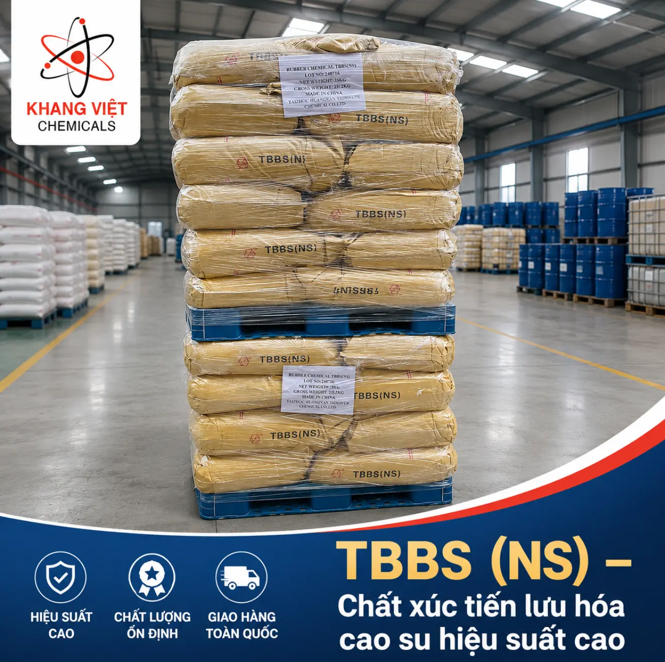 TBBS (NS) là chất xúc tiến lưu hóa cao su hiệu suất cao, phù hợp cho cao su thiên nhiên, cao su tổng hợp và sản xuất lốp xe, giúp cải thiện độ cứng, độ giãn và tính chất cơ học.