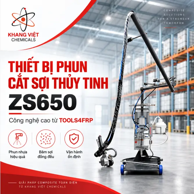 Thiết bị phun cắt sợi thủy tinh ZS650 tích hợp phun resin và cắt roving, giúp tăng năng suất sản xuất Composite FRP. Liên hệ Khang Việt tư vấn.